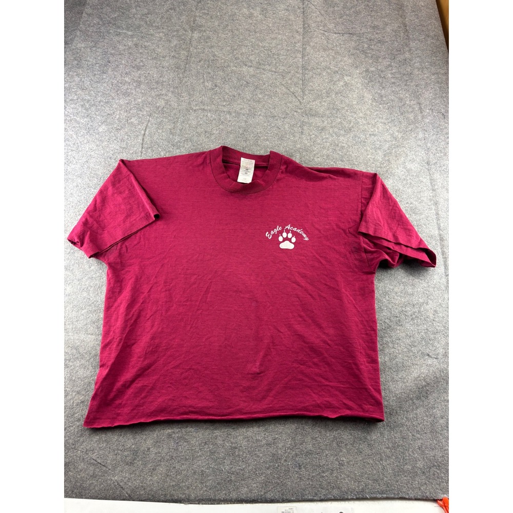 VTG Fruit of the Loom Best Eagle Academy T-Shirt Maroon XL Raw Hem Cropped SEE